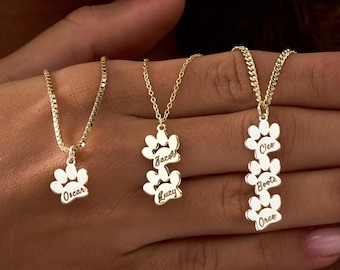 Engraved Paw Print Necklace, Custom Gold Charm Necklace, Unique Pet Keepsake Pet Memorial Necklace, Engraved Name Necklace for Multiple Pets
