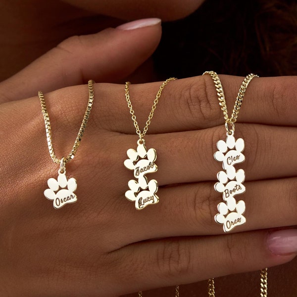 Engraved Paw Print Necklace, Custom Gold Charm Necklace, Unique Pet Keepsake Pet Memorial Necklace, Engraved Name Necklace for Multiple Pets