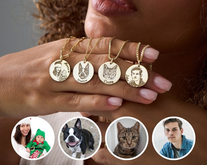 14k Gold Portrait Necklace, Custom Family Portrait Necklace, Engraved Pet Portrait Necklace, Pet Photo Necklace, Family Photo Necklace