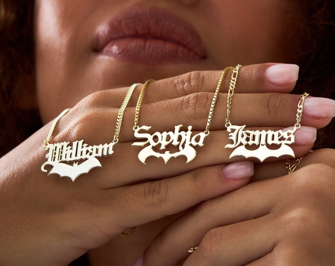 14k Gold Bat Name Necklace, Custom Gothic Name Necklace, Gothic Name Plate Necklace, Old English Name Necklace with Bat, Gifts for Bat Lover