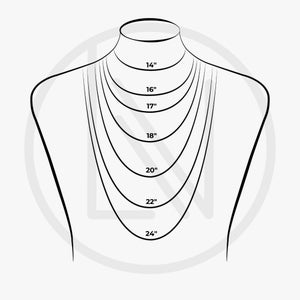 May include: A diagram showing different necklace lengths on a mannequin. The lengths are 14 inches, 16 inches, 17 inches, 18 inches, 20 inches, 22 inches, and 24 inches.