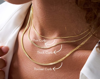 14k Gold Curb Chain Necklace, Cuban Chain Necklace, Thick Curb Chain - Thin Curb Chain Necklace, Cuban Link Chain Necklace for Women