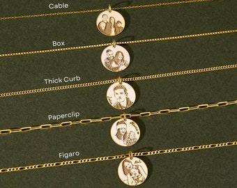 May include: Five gold necklaces with different chain styles, each featuring a round pendant with a personalized photo engraved on it. The chains are labeled "Cable", "Box", "Thick Curb", "Paperclip", and "Figaro".