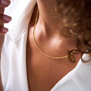 May include: A close-up of a gold chain necklace worn by a person with a white shirt. The chain is thin and delicate, and it is a simple and elegant piece of jewelry.