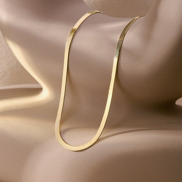 14K Gold Herringbone Chain Necklace, Snake Chain Necklace, Snake Choker Chain Necklace, Everyday Necklace for Women, Snake Necklace for Her