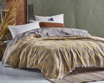 Senf türkische Decke Queen Size, gewebte Jacquard-Decke, türkische Decke Couch, Boho Tagesdecke Voll 82x100 Zoll