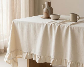 Linen Ruffle Tablecloth Rectangle, Custom Tablecloth Round, Vintage Tablecloths Boho, Housewarming Gift for Her
