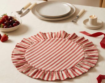 Ruffled Round Valentine Placemats, Striped Red Placemats Set, Linen Placemats Washable, Valentine's Day Decor