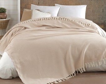 Turkish Blanket Throw, Woven Throw Blanket Couch, Bedspread Queen Size, Large Beach Blanket, Turkish Cotton Blanket Queen 80x100 inches