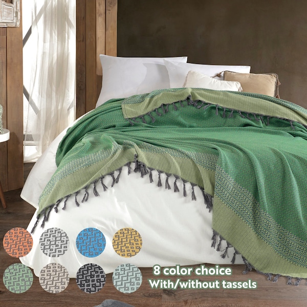 Couverture turque grand lit, jetée tissée pour canapé, grande couverture de plage, jetée en coton turc, couvre-lit Queen 80 x 100 pouces