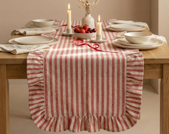 Red Striped Ruffle Table Runner, Valentine Table Runner,  Cotton Linen Table Runner, Custom Table Runner Vintage