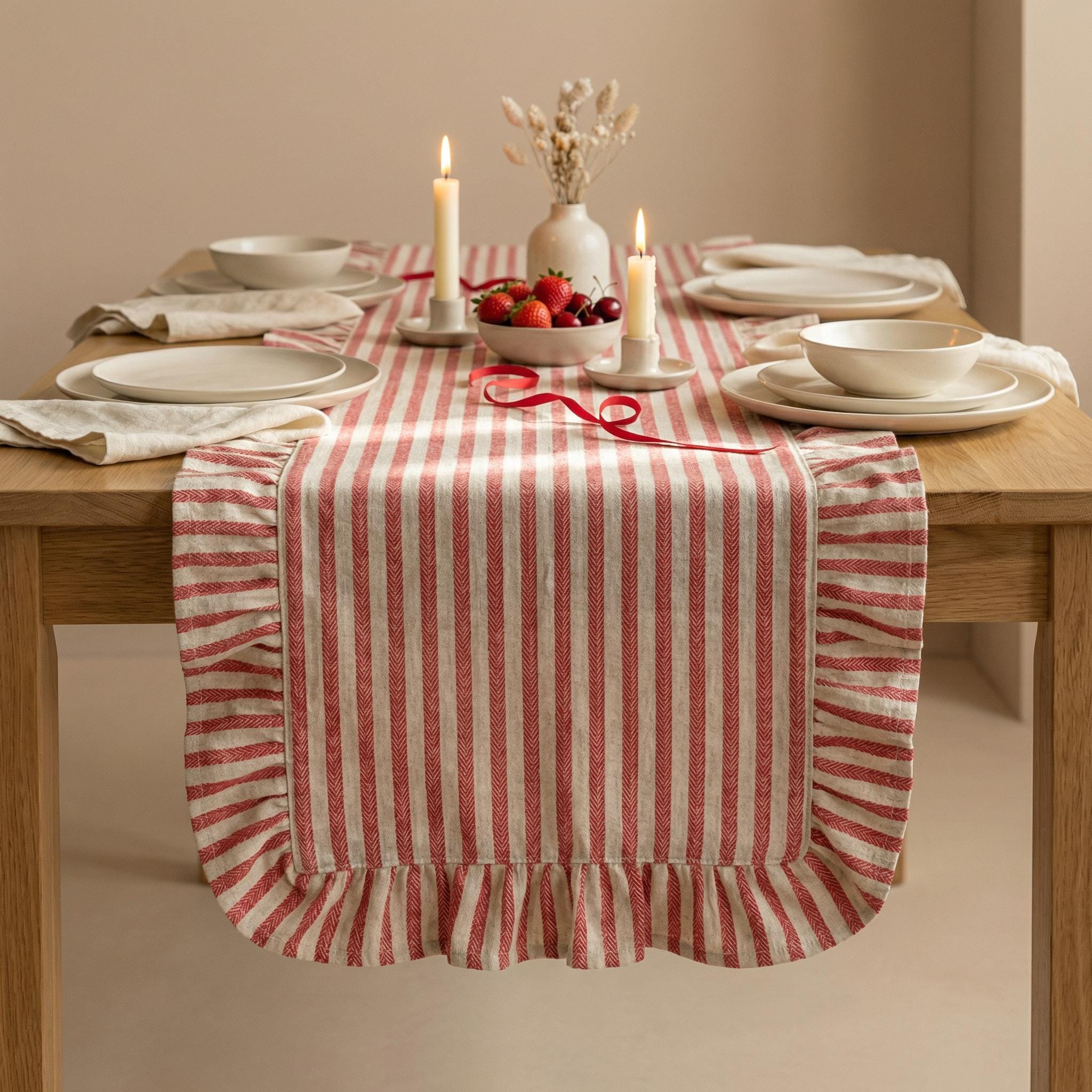 Linen Ruffle Table Runner Red Striped Ruffle Table Runner, Valentine Table Runner, Cotton Linen ...