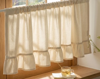 Cotton Linen Ruffle Curtains, Custom Cafe Curtains, Short Light Filtering Curtains, French Country Curtains, Boho Rod Pocket Curtains