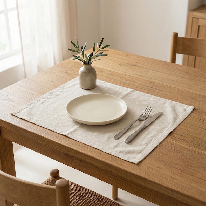 May include: A dining table setting with a beige linen placemat, a cream-colored plate, and silverware. A small vase with olive branches sits to the left. The table is made of light-colored wood.