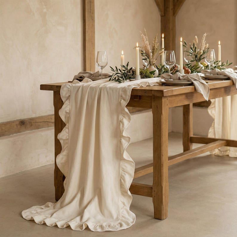May include: A rustic wooden table is set for a formal dinner. A cream-colored ruffled table runner drapes over the table. The table is decorated with candles, greenery, wine glasses, and plates, creating an elegant and inviting atmosphere.