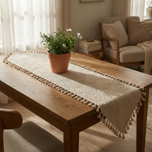 May include: A beige table runner with a geometric pattern and tassel trim is displayed on a wooden table. A potted plant with green foliage and white flowers sits on the table. The table is in a well-lit room.