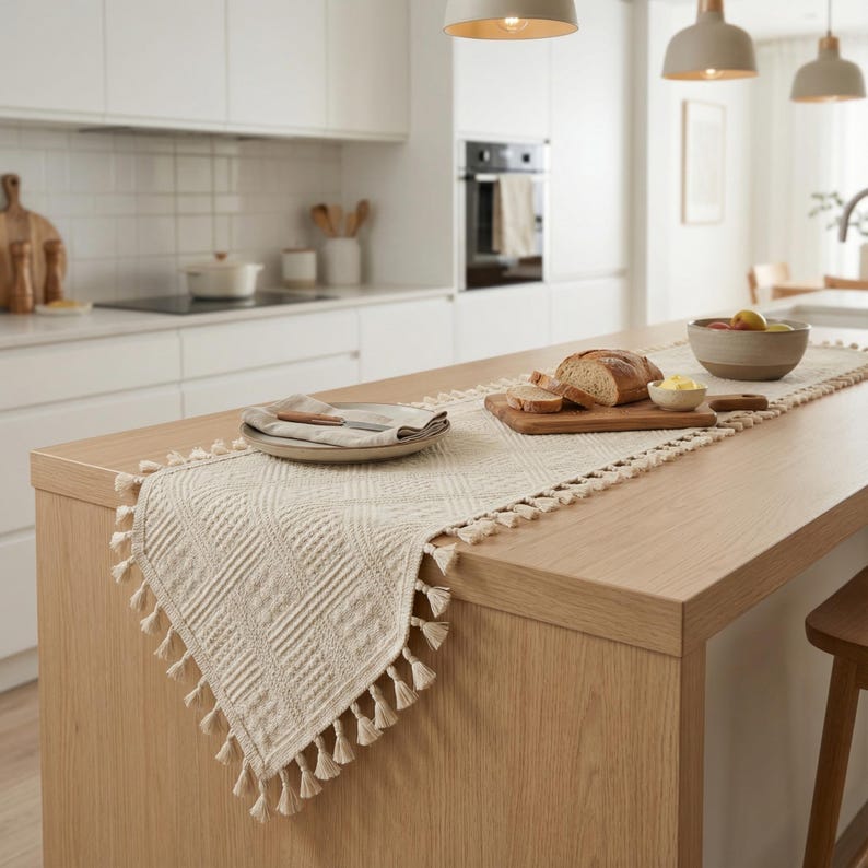 May include: Cream-colored table runner with a geometric pattern and tassel trim. The runner is placed on a light wood kitchen island, alongside a plate, bread, and a bowl of fruit. The kitchen has white cabinets and pendant lights.