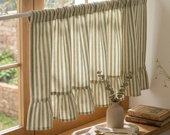 Green Striped Ruffle Curtains, Cotton Linen Cafe Curtains, Tie Top Curtains, Light Filtering Curtains for Kitchen, Rod Pocket Curtains