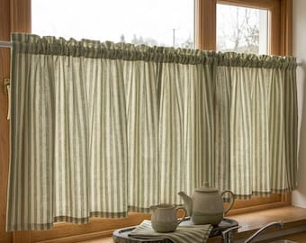 Green Striped Ruffle Top Curtains, Cotton Linen Cafe Curtains, Light Filtering Curtains for Kitchen, Custom Short Cafe Curtains