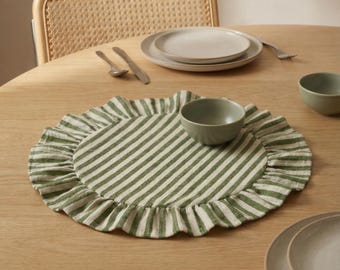 Green Striped Round Ruffled Placemats, Cotton Linen Placemats for Table, Washable Placemats Set