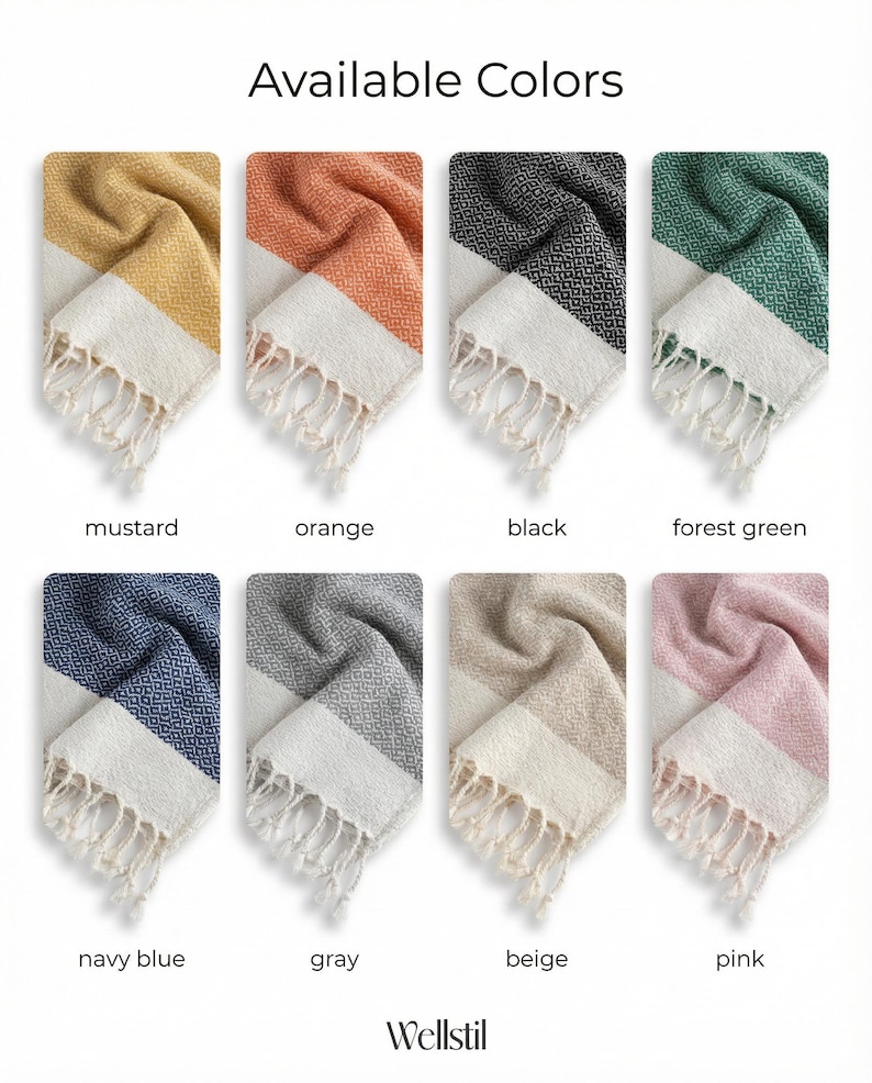 May include: A display of eight colorful woven towels, each folded to show a diamond pattern and white fringe. Colors include mustard, orange, black, forest green, navy blue, gray, beige, and pink. The text "Available Colors" is at the top.