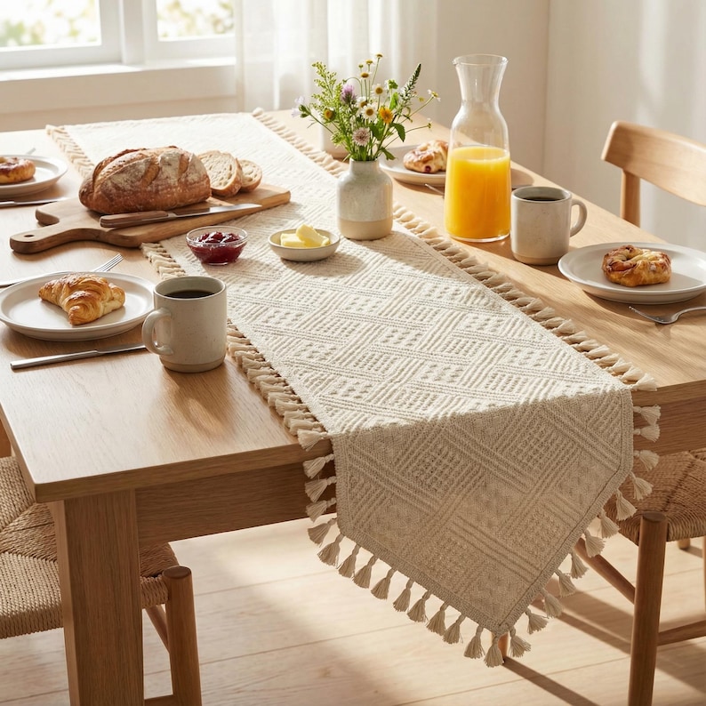 May include: A wooden dining table set for breakfast, featuring a woven cream-colored table runner with tassels. The table is set with plates of pastries, bread, butter, jam, coffee, and orange juice. A vase of flowers adds a decorative touch.