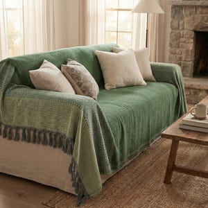 May include: A green sofa is draped with a textured green throw blanket with fringe. Beige pillows and a patterned pillow rest on the sofa. The sofa sits on a jute rug in a living room setting.