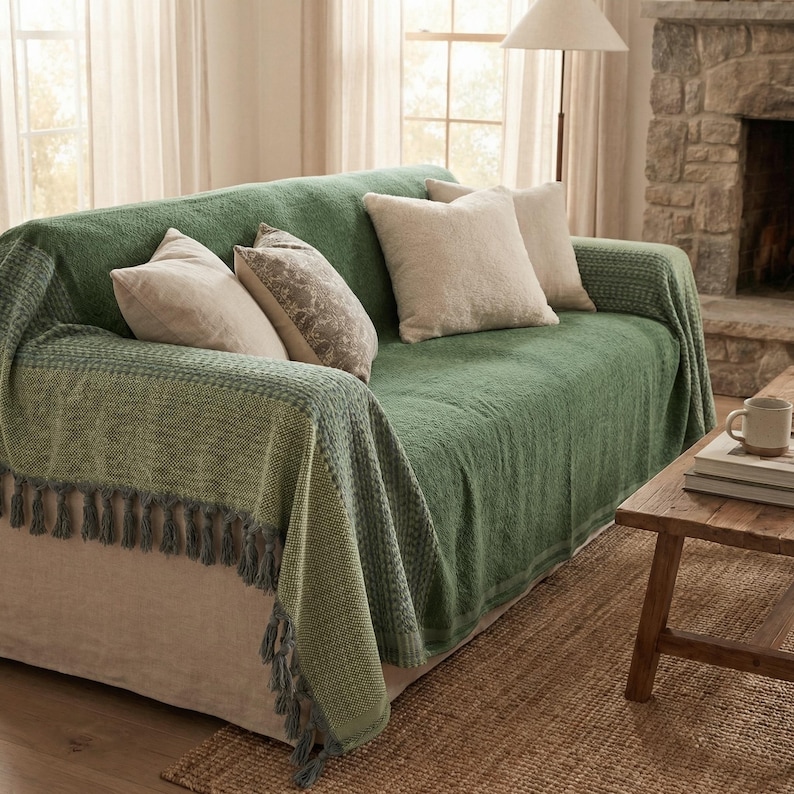 May include: A green sofa is draped with a textured green throw blanket with fringe. Beige pillows and a patterned pillow rest on the sofa. The sofa sits on a jute rug in a living room setting.