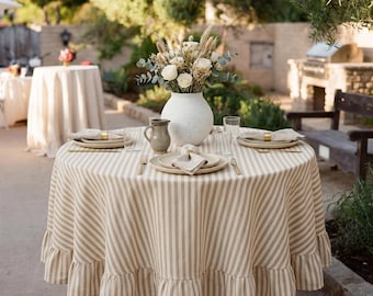 Beige Striped Cotton Ruffle Tablecloth, French Farmhouse Style Round Linen Table Cover