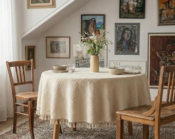 Handmade Woven Cotton Round Tablecloth with Tassels, Boho Farmhouse Decor