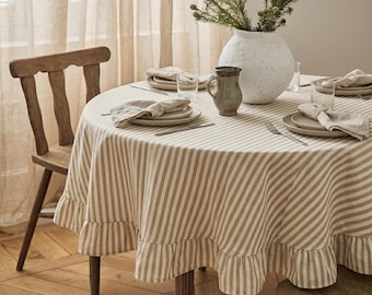 Beige Striped Round Tablecloth, Cotton Linen Ruffle Tablecloth, French Tablecloths, Custom Table Cloth, Wedding Tablecloths