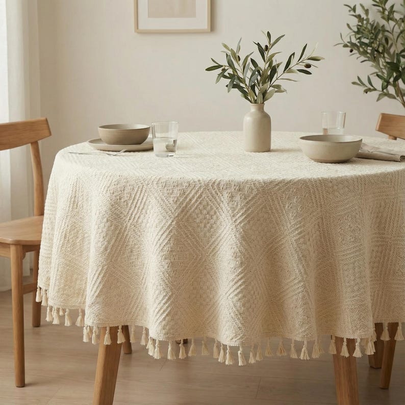 K&ouml;nnte beinhalten: Ein cremefarbener, runder Tischl&auml;ufer mit einem strukturierten geometrischen Muster und einem Fransenbesatz. Der Tisch ist mit einer Sch&uuml;ssel, einem Teller, einem Glas und einer Vase mit Olivenzweigen gedeckt. Der Tisch ist aus Holz.