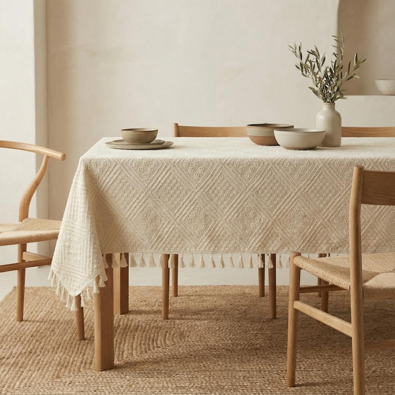 K&ouml;nnte beinhalten: Cremefarbene Tischdecke mit Rautenmuster und Fransen auf einem Holztisch. Keramikschalen und -teller sind auf dem Tisch platziert. Zwei Holzst&uuml;hle und ein gewebter Teppich vervollst&auml;ndigen das Esszimmer.