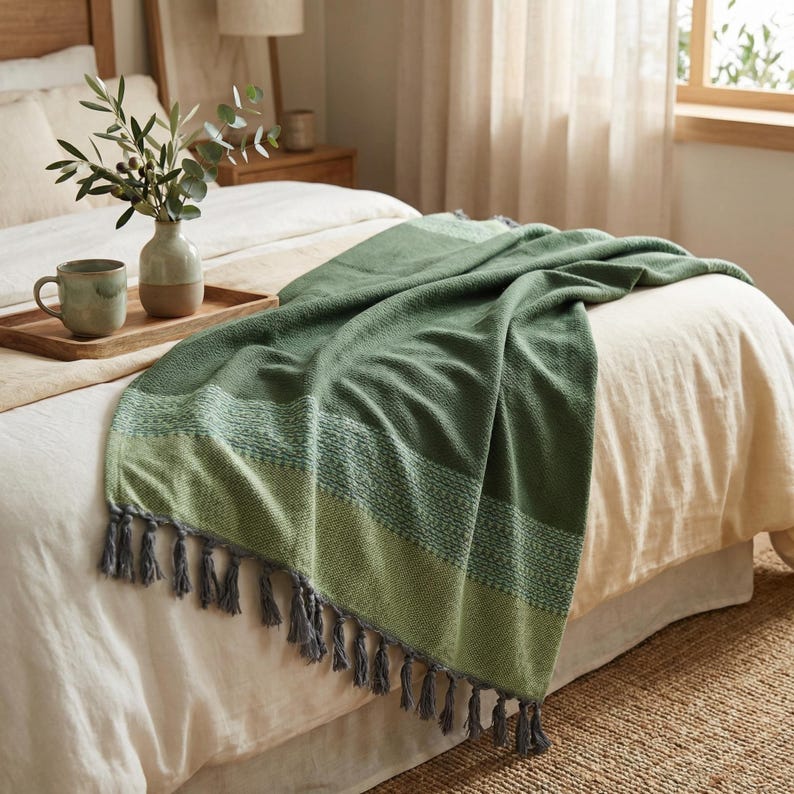 May include: A green woven throw blanket with a textured design and gray tassels. The blanket is draped over a bed with a cream-colored comforter. The throw has a striped pattern in varying shades of green.
