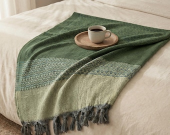 Grüne Decke für Bett, gewebte türkische Decke, Baumwolldecke Couch, leichte Sommerdecke
