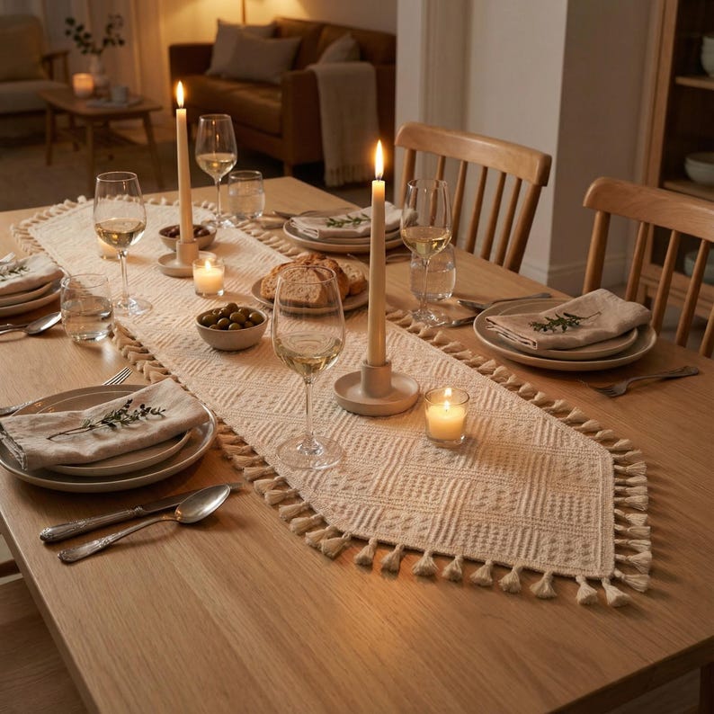 May include: A dining table set for a meal, featuring a cream-colored table runner with a geometric pattern and tassels. The table is set with plates, glasses, candles, and silverware, creating a warm and inviting atmosphere.