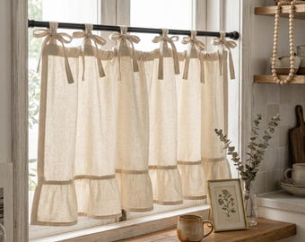 Cortinas de café con volantes de algodón y lino, estilo campestre francés bohemio, cortinas cortas para ventanas que filtran la luz.