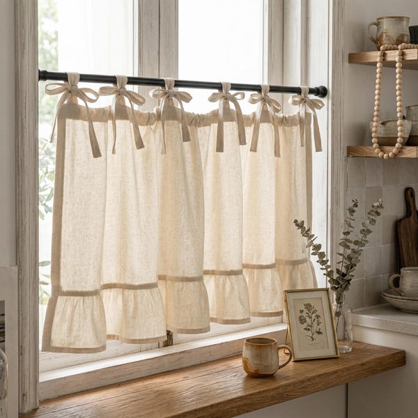 Cortinas de café con volantes de algodón y lino, estilo campestre francés bohemio, cortinas cortas para ventanas que filtran la luz.