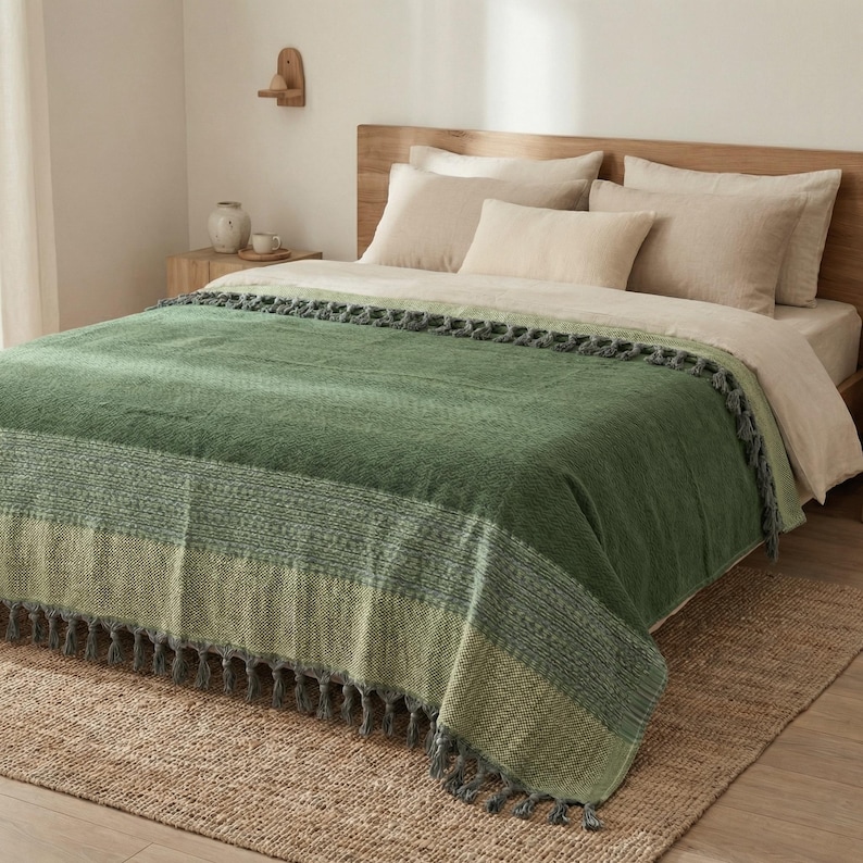 May include: A green and gray woven throw blanket with a fringed edge is draped over a bed. The blanket features a textured design with varying shades of green and gray. The bed has beige pillows and a wooden headboard, creating a cozy and inviting atmosphere.