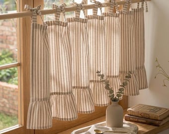 Beige Striped Ruffle Cafe Curtains, Cotton Linen Tie Top Window Panels