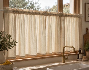 Ruffle Top Cotton Linen Cafe Curtains, French Door Curtains, Light Filtering Kitchen Curtains, Rod Pocket Oven Curtains