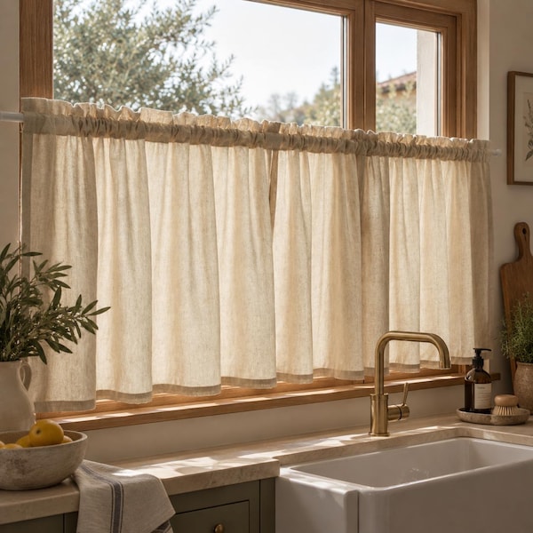 Ruffle Top Cotton Linen Cafe Curtains, French Door Curtains, Light Filtering Kitchen Curtains, Rod Pocket Oven Curtains