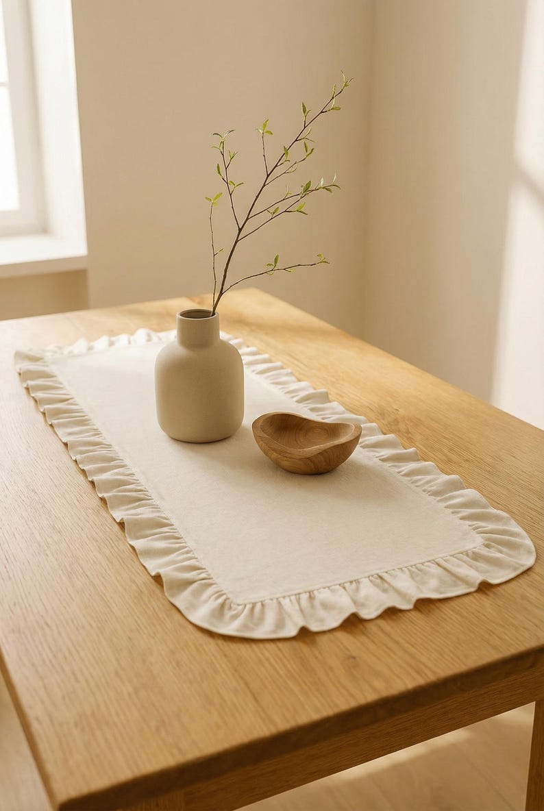 May include: A rectangular off-white table runner with a ruffled edge sits on a wooden table. A small, beige vase holds a sprig of greenery. A small, wooden bowl is also on the runner.
