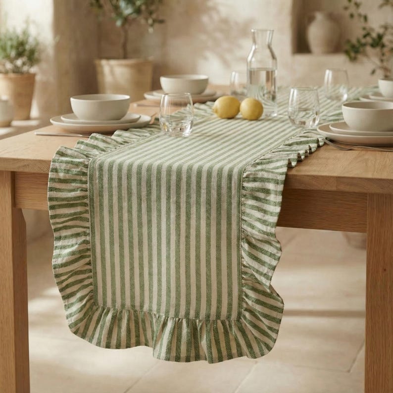May include: A green and white striped table runner with a ruffled edge. The runner is placed on a wooden table, with white bowls, plates, and glasses visible. Two lemons are on the table.