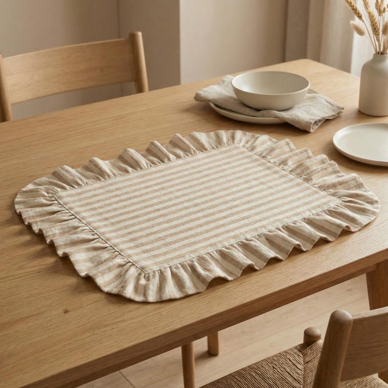 Op de afbeelding: Een rechthoekige beige en wit gestreepte placemat met een gerimpelde rand ligt op een lichte houten tafel. Een witte kom, bord en linnen servet liggen op de tafel. Een vaas met gedroogde bloemen staat ook op de tafel.