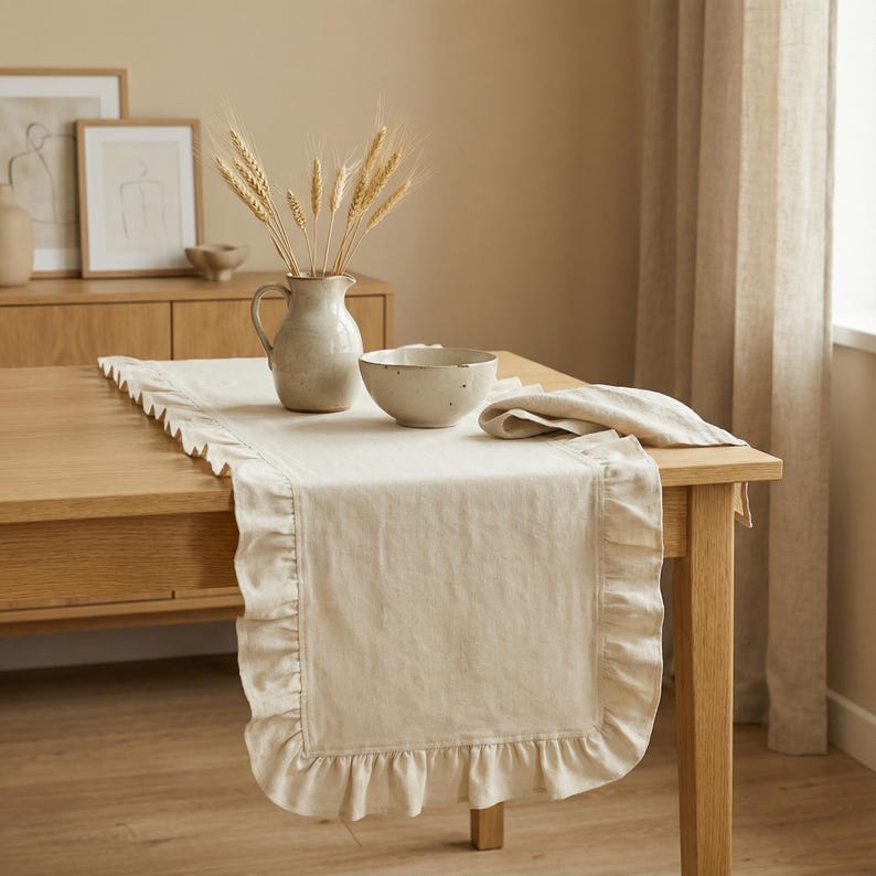 May include: A beige linen table runner with ruffled edges is displayed on a wooden table. A ceramic pitcher with wheat stalks, a bowl, and a folded napkin are arranged on the runner, creating a rustic, neutral-toned dining scene.