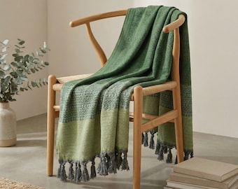 Green Turkish Cotton Throw Blanket, Woven Bed Couch Cover