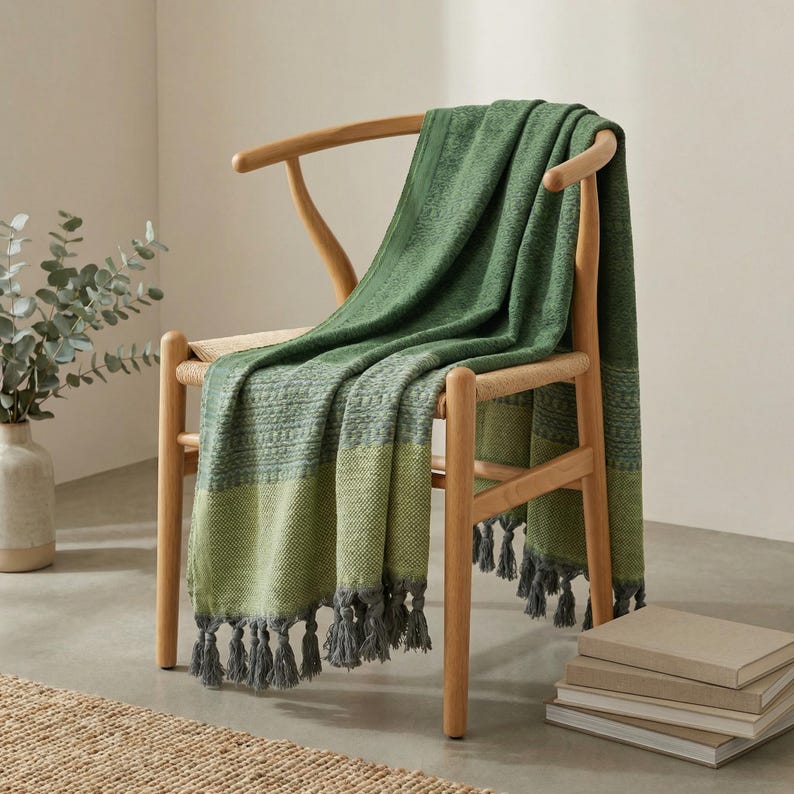 May include: A green throw blanket with a textured design is draped over a wooden chair. The blanket features a gradient of green hues, with a lighter green section at the bottom and gray tassels. The chair is made of light-colored wood.