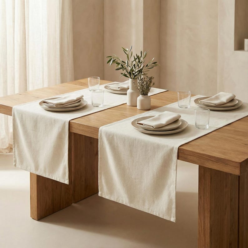 May include: A wooden dining table set for a meal. The table is adorned with off-white linen table runners, matching napkins, plates, and clear drinking glasses. Small white vases hold greenery. The overall aesthetic is minimalist and elegant.