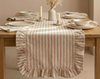 Runner da tavolo con volant a righe beige, runner da tavolo in cotone e lino, runner da tavolo personalizzato, runner da tavolo da caffè Boho, regalo di inaugurazione della casa per lei